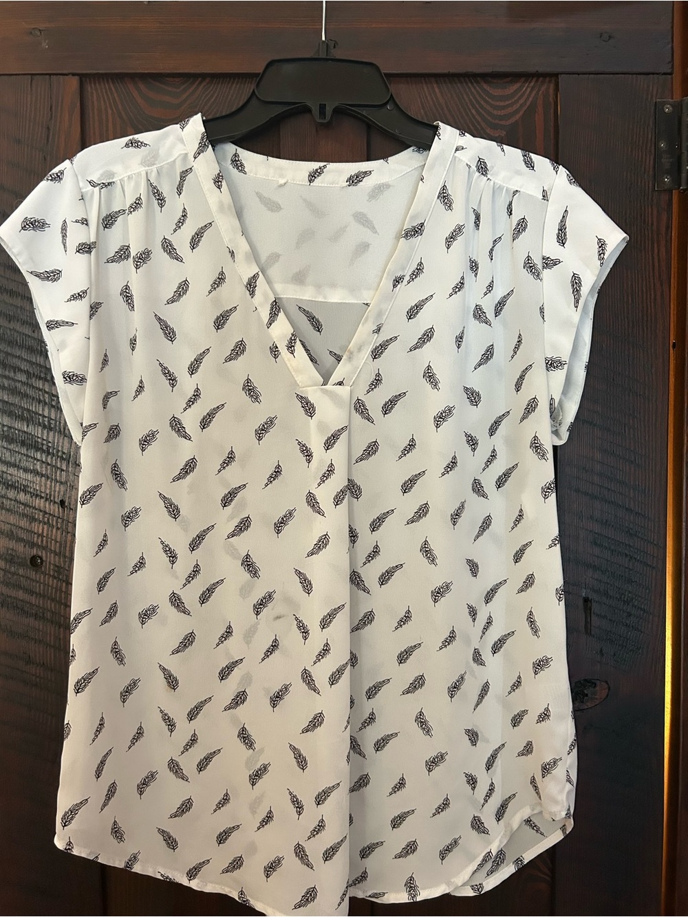 White V-Neck Blouse with Black Feather Print